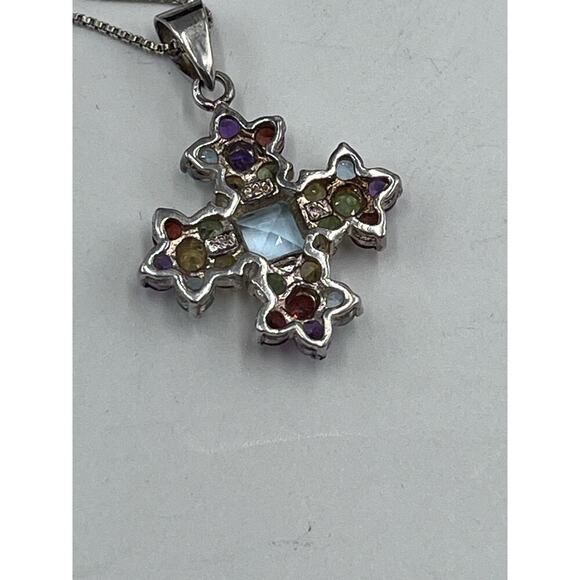Sterling Silver Multi Color Gemstones Signed Cross Pendant Necklace Garnet Topaz - Picture 10 of 13